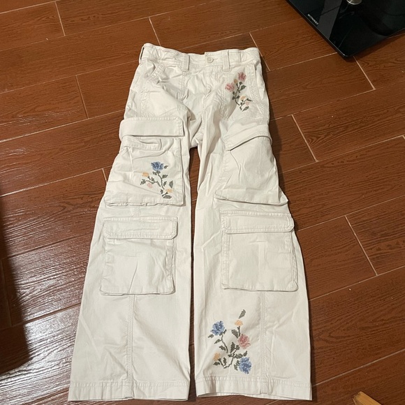 Youth Abercrombie tan cargo utility pants 13 14 Short cotton elastane embroidery - Picture 5 of 13
